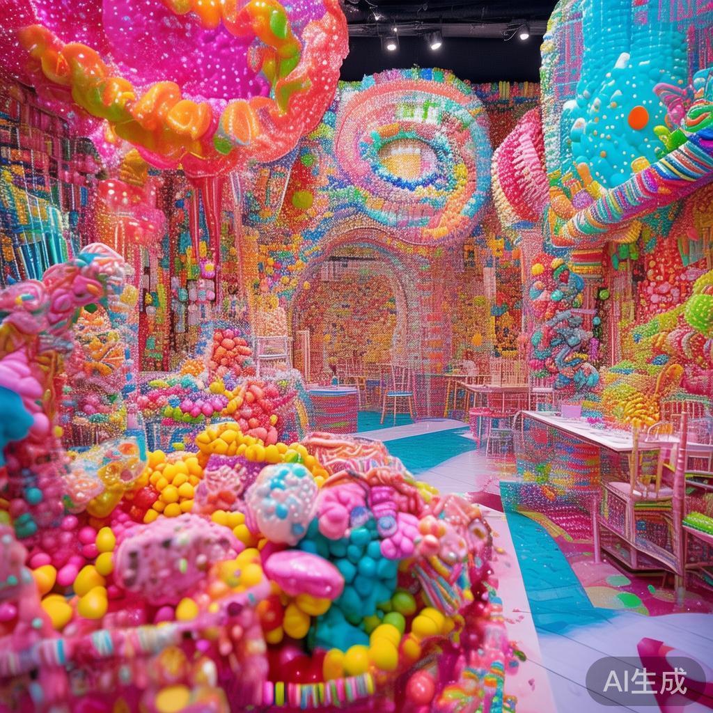 丰富的糖果元素：各类色彩鲜艳、造型可爱的糖果成为场